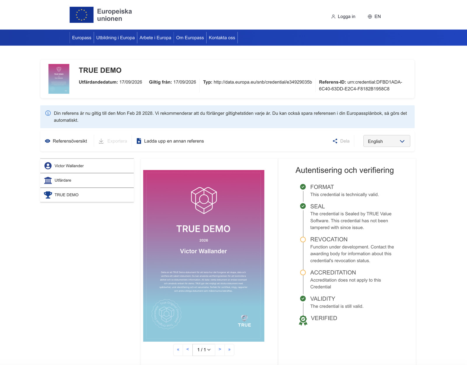 eIDAS sealed diploma verified in the EU Europass viewer, with a green seal check naming TRUE Value Software