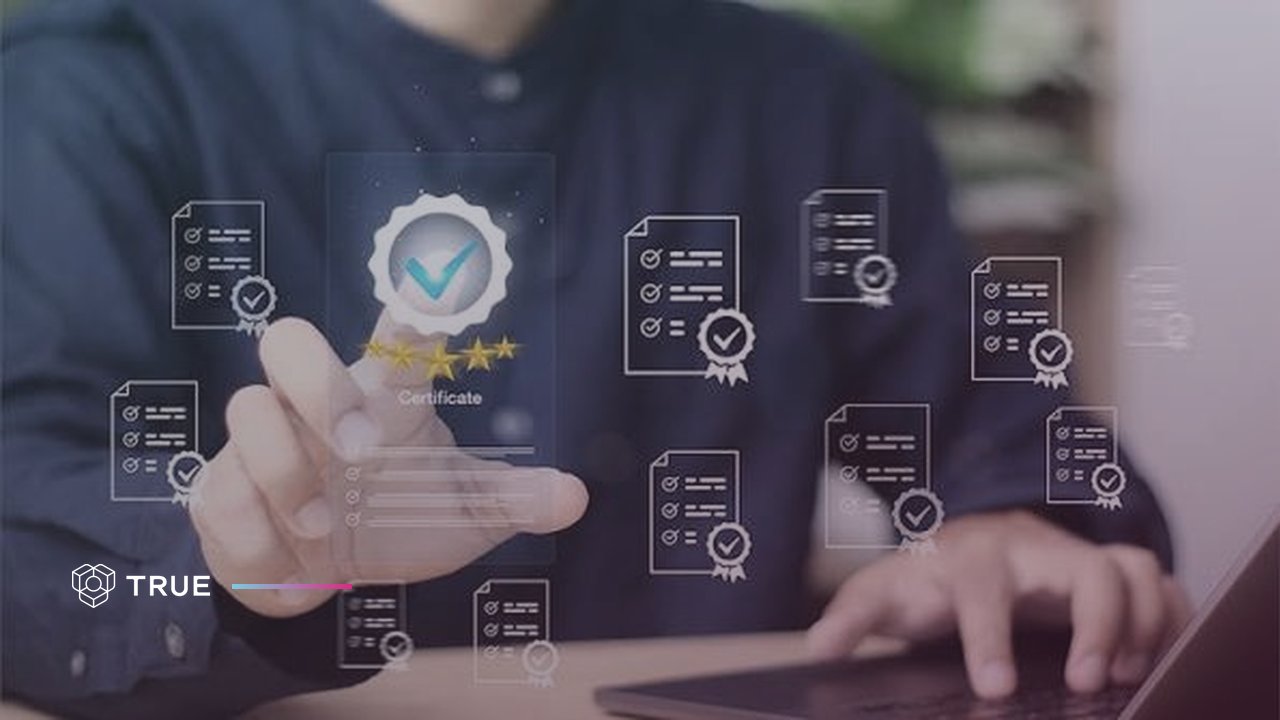 Person selecting a verified digital credential badge among floating certificate icons