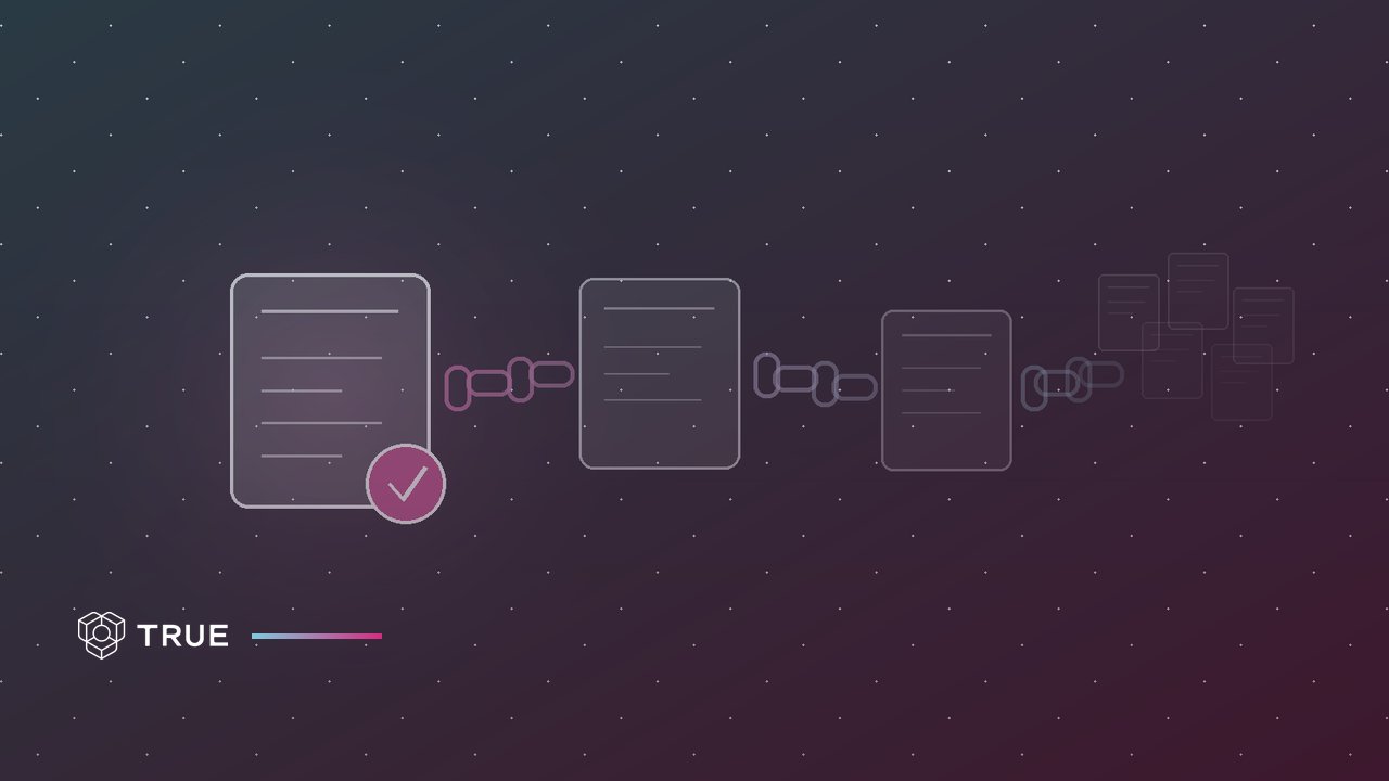 Illustration of a chain of linked documents, from a bright, sealed origin document fading through progressively fainter identity documents, showing how trust in the first document carries through every document issued afterward