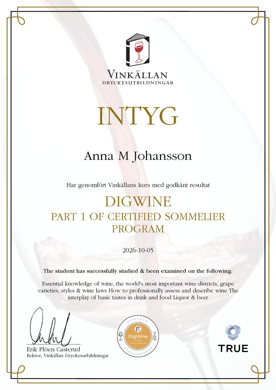 A course certificate from Vinkällan Dryckesutbildningar for DigWine, part 1 of the Certified Sommelier Program, issued with TRUE. The name is a placeholder.