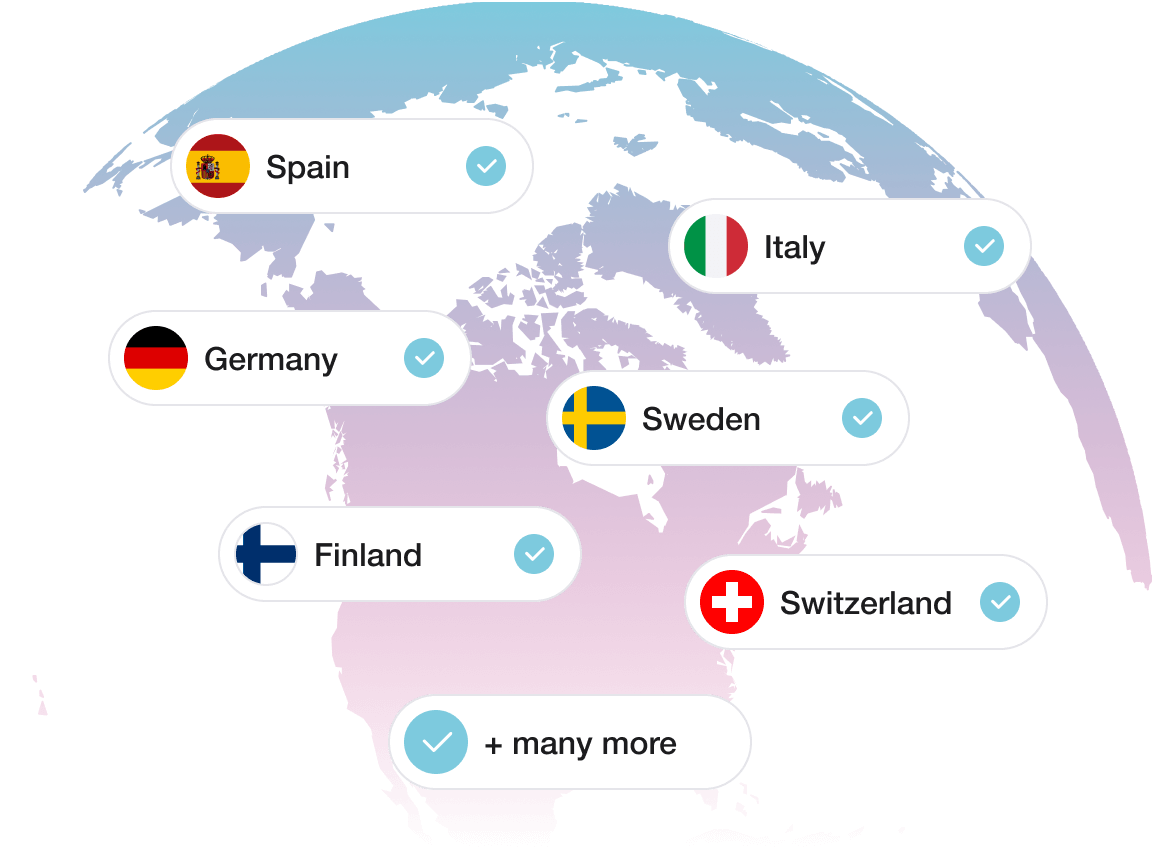 Global map illustrating digital credential support with country flags for Spain, Italy, Germany, Sweden, Finland, Switzerland, and many more