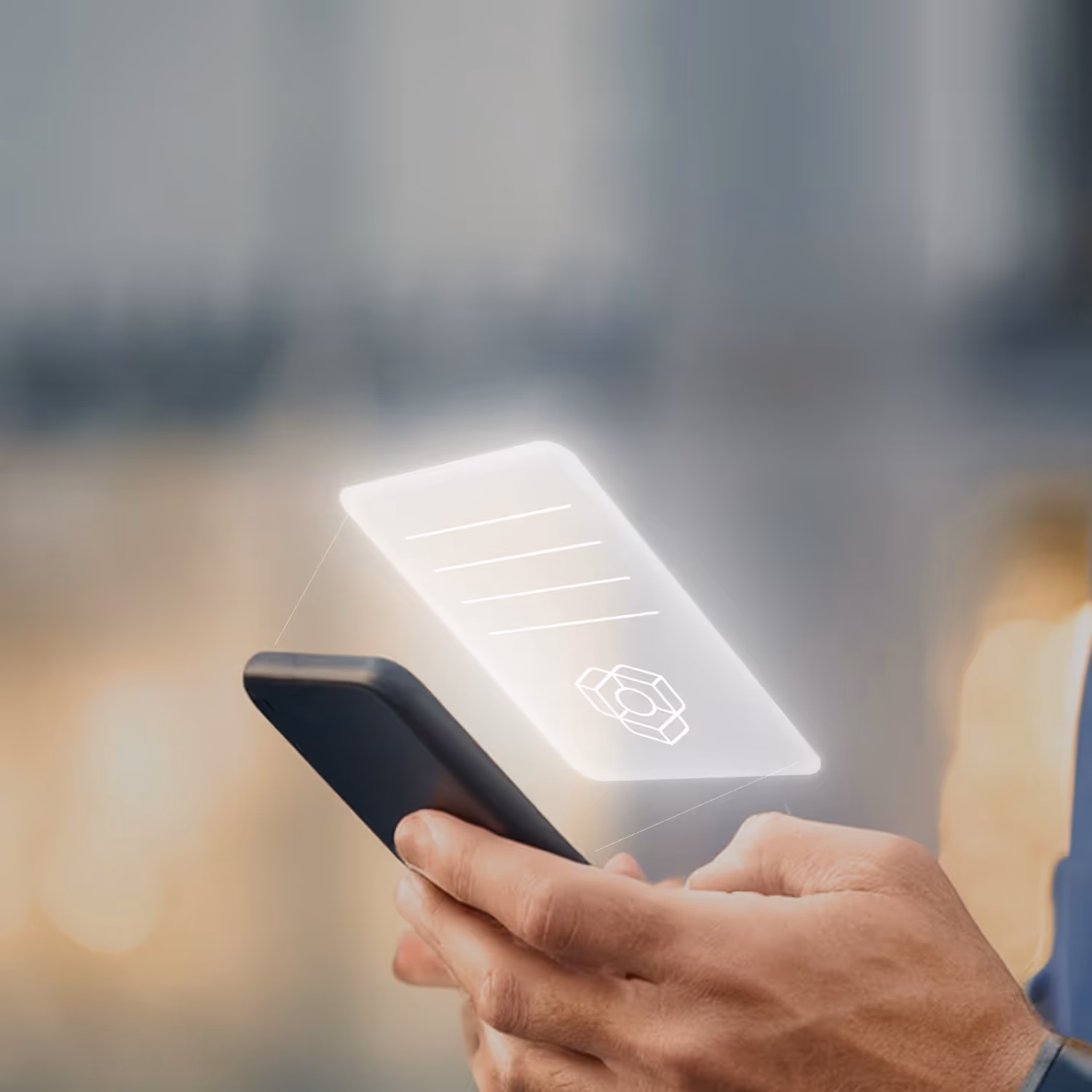 Hand holding smartphone with glowing floating digital document overlay symbolizing mobile document verification against blurred background