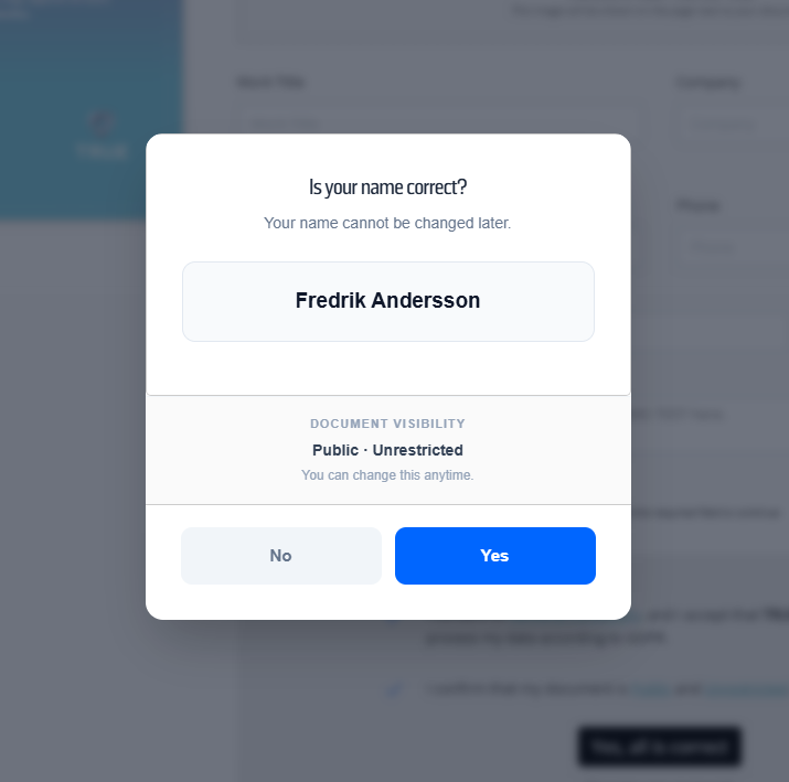 The TRUE document acceptance screen showing name confirmation and visibility settings