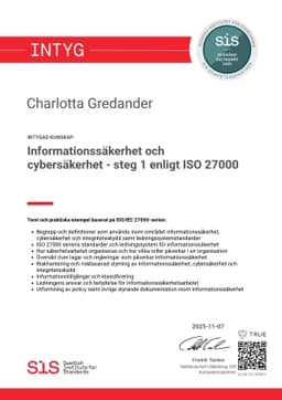 Intyg, SIS - Svenska institutet för Standarder