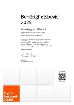 Behörighetsbevis, Byggkeramikrådet AB BKR