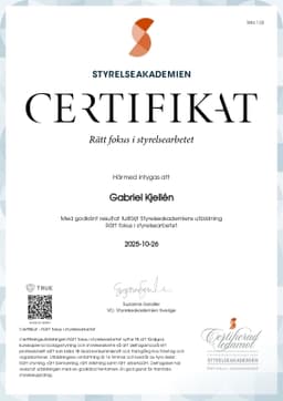 Certifikat - Rätt fokus  i styrelsearbetet, Styrelseakademien