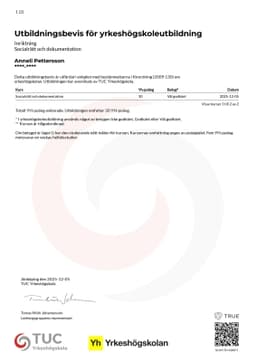 Utbildningsbevis för yrkeshögskoleutbildning, TUC Yrkeshögskola