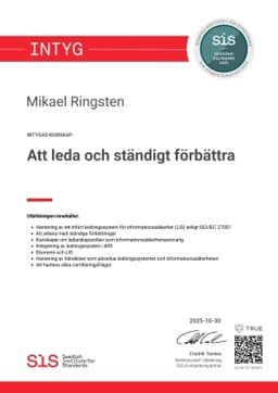 Intyg, SIS - Svenska institutet för Standarder