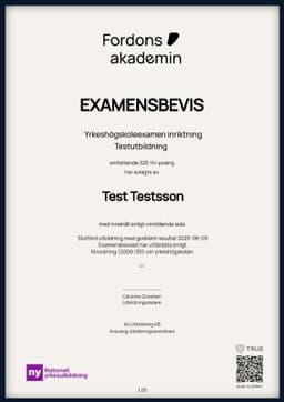 Examensbevis, Fordonsakademin Sverige AB