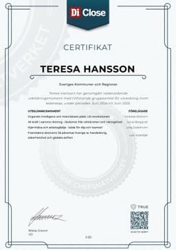 Certifikat - Di Close, Di Close Chefsnätverket