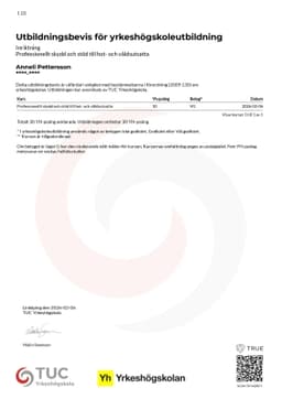 Utbildningsbevis för yrkeshögskoleutbildning, TUC Yrkeshögskola