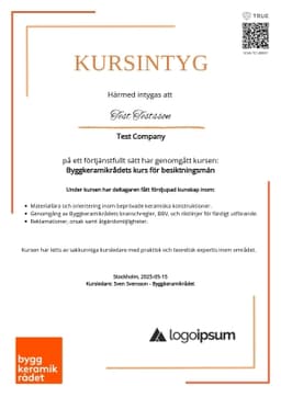 Kursintyg, Byggkeramikrådet AB BKR
