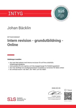 Intyg, SIS - Svenska institutet för Standarder
