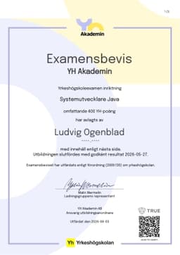 Examensbevis, YH Akademin - (YA)