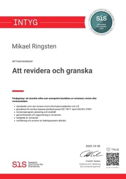 Intyg, SIS - Svenska institutet för Standarder