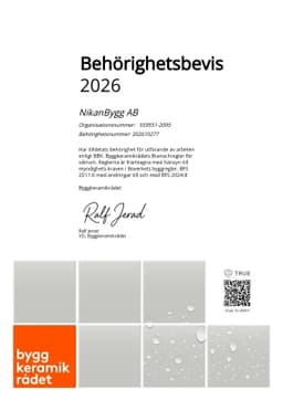 Behörighetsbevis, Byggkeramikrådet AB BKR