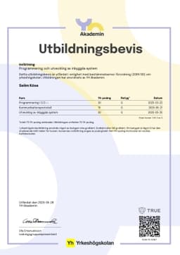 Utbildningsbevis, YH Akademin - (YA)
