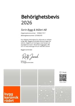 Behörighetsbevis, Byggkeramikrådet AB BKR