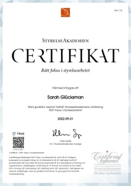 Certifikat - Rätt fokus  i styrelsearbetet, Styrelseakademien