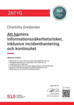 Intyg, SIS - Svenska institutet för Standarder