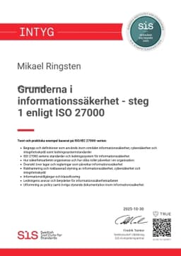 Intyg, SIS - Svenska institutet för Standarder
