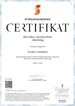 Certifikat - Rätt fokus i styrelsearbetet, Styrelseakademien