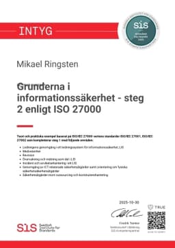 Intyg, SIS - Svenska institutet för Standarder